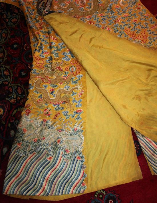 A Chinese Imperial yellow silk dragon robe, Jifu, 19th century, length 140cm